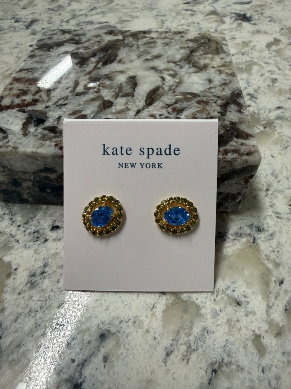 kate spade gold and blue oval crystal stud earrings